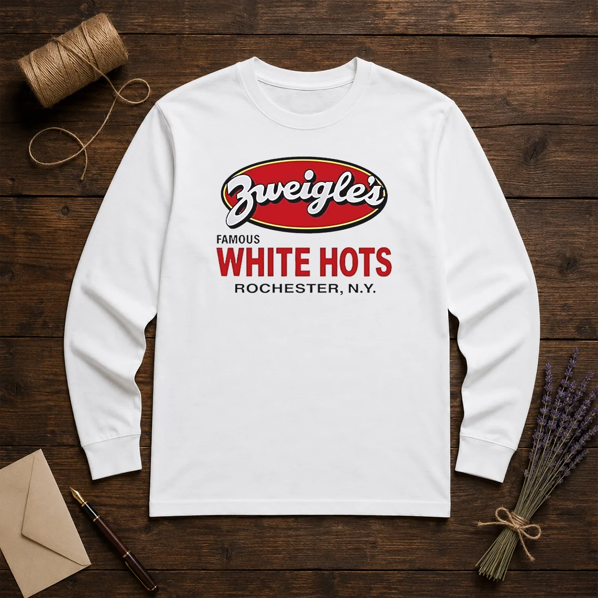 Funny Zweigle'S Famous White Hots Rochester NY long sleeve shirt in white with bold graphic print