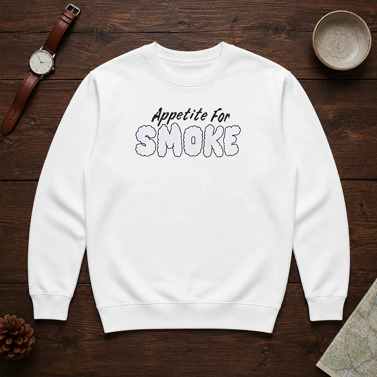 Good Appetite For Smoke Sweater in charcoal gray with bold graphic print, cozy long-sleeve pullover