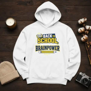 Good Back To School Brainpower Typography Hoodie in dark gray with front text design, cozy pullover style