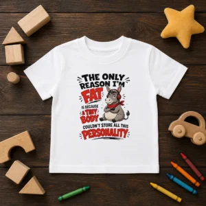 Good Donkey The Only Reason I'M Fat Is Because A Tiny Body Couldn'T All This Personality kids t shirt in white, short sleeves