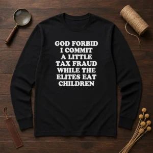 Good God Forbid I Commit A Little Tax Fraud While The Elites Eat Children long sleeve shirt in dark color with bold white text design