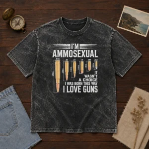 Good I'M Ammosexual I Love Guns Bullet Caliber Chart washed t shirt in faded black color, displaying bullet caliber chart graphic