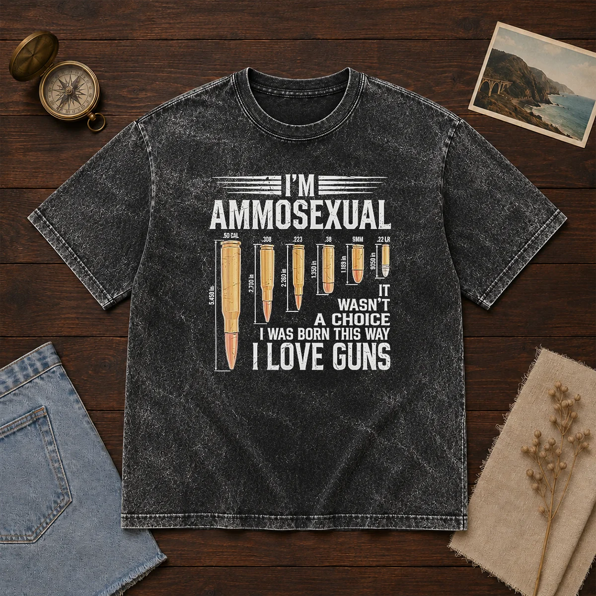 Good I'M Ammosexual I Love Guns Bullet Caliber Chart washed t shirt in faded black color, displaying bullet caliber chart graphic