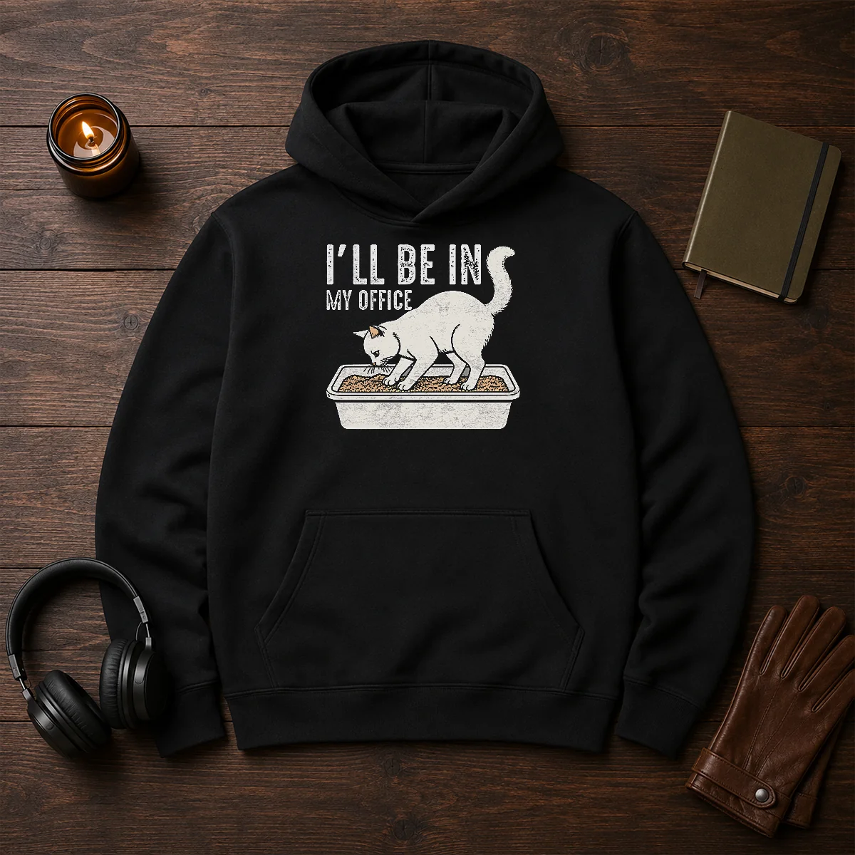 Good I Will Be In My Office Funny Cat Meme Litter Box Hoodie in charcoal gray, front view with kangaroo pocket and adjustable hood