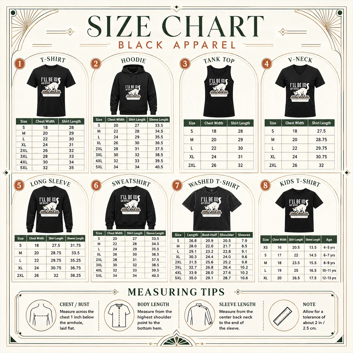 Good I Will Be In My Office Funny Cat Meme Litter Box Size Chart Size chart for Good I Will Be In My Office Funny Cat Meme Litter Box with measurements in inches and cm