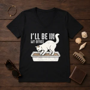 Good I Will Be In My Office Funny Cat Meme Litter Box V-Neck Shirt