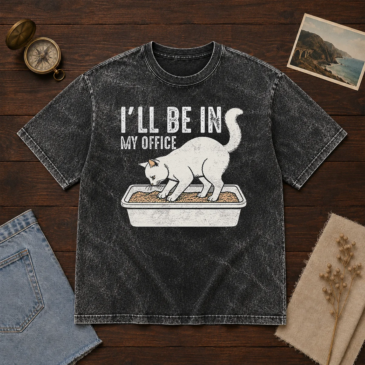 Good I Will Be In My Office Funny Cat Meme Litter Box Washed T-Shirt