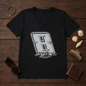 Good Kyle Busch Black No 8 Signature V Neck Shirt showing front design on a black v neck tee
