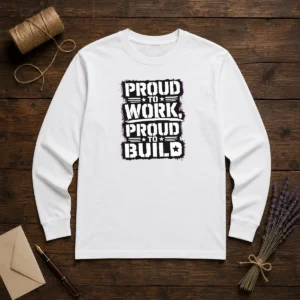 Good Labour Day Proud Worker Stencil Tee For Blue Collar long sleeve shirt in navy blue with bold stencil graphic