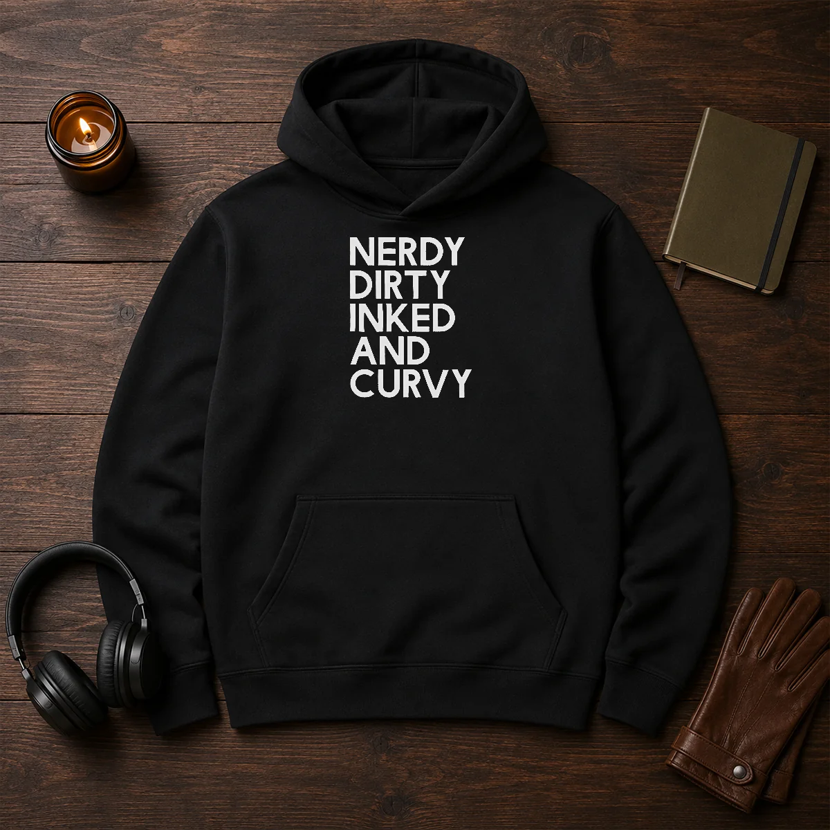 Good Nerdy Dirty Inked And Curvy Hoodie in black, featuring a bold graphic design on the front