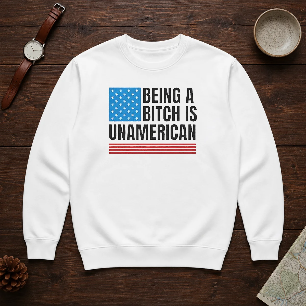 Good Patriotic Apparel Be Kind Being A Bitch Is Unamerican Sweater in navy blue, crewneck style with bold white text