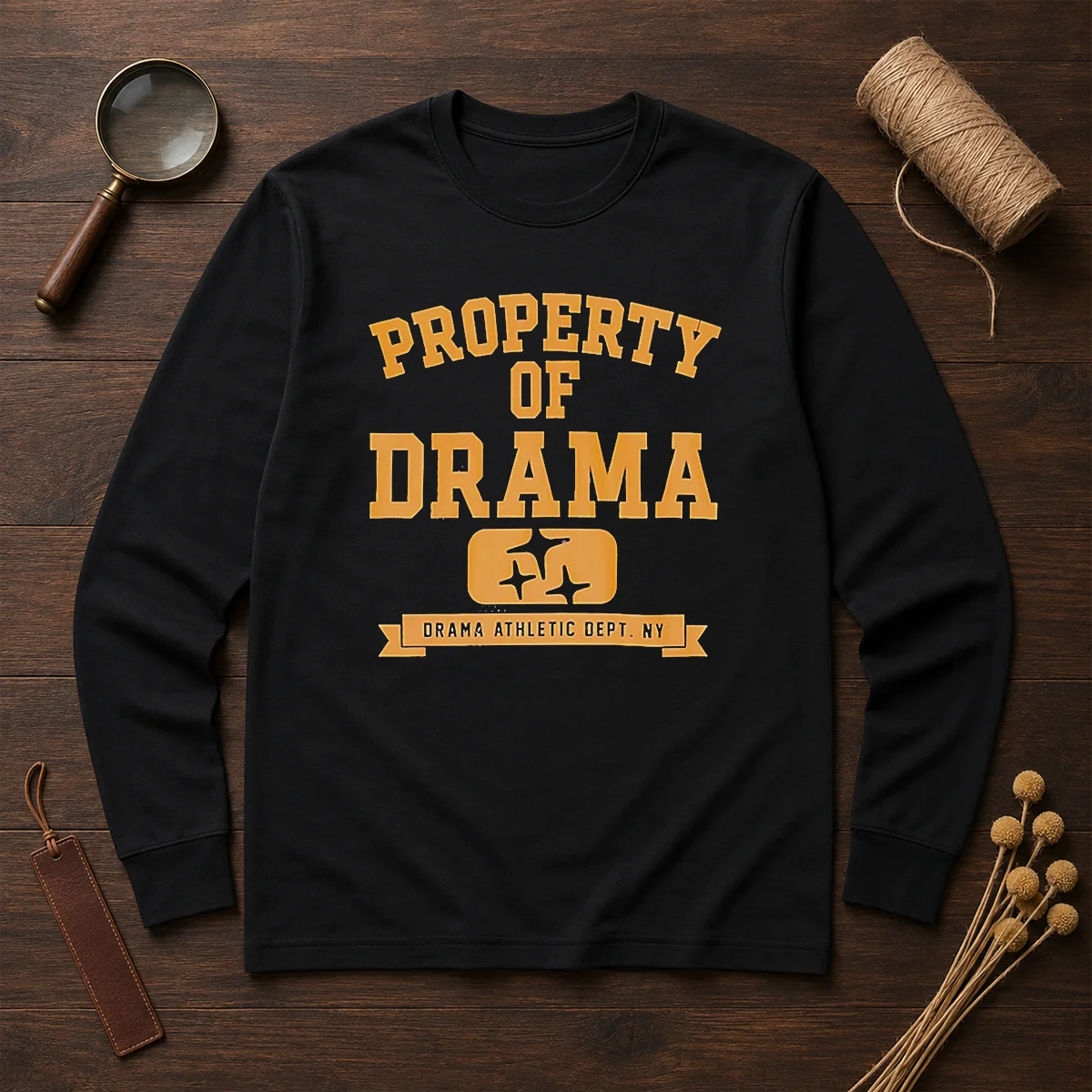 Good Property Of Drama Athletic Dept NY Long Sleeve Shirt in white with bold athletic lettering