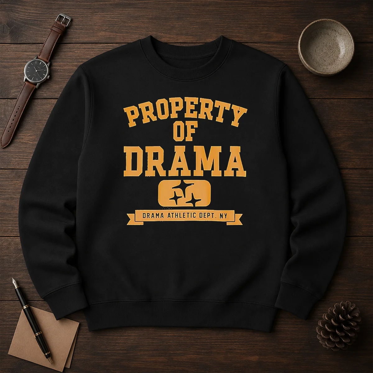 Good Property Of Drama Athletic Dept NY Sweater in dark gray with white and red lettering, long sleeve crewneck sweatshirt