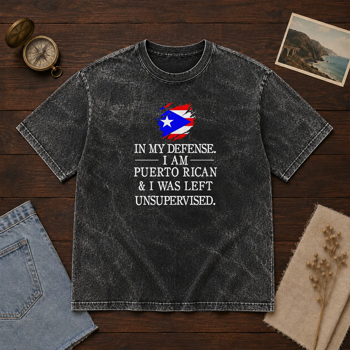 Good Puerto Rican In My Defense I Am Puerto Rican And I Was Left Unsupervised washed t shirt in light fabric with vintage look
