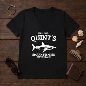Good Quint'S Est 1975 Shark Fishing Amity Island Silhouette V-Neck Shirt
