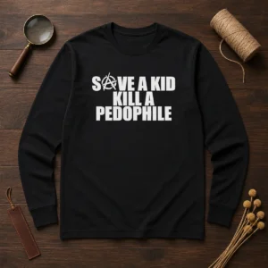 Good Save A Kid Kill A Pedophile Anarchy Symbol Message long sleeve shirt in black with bold graphic print