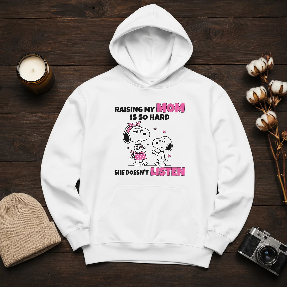 Good Snoopy Belle Peanuts Raising My Mom Is So Hard She Doesn'T Listen Hoodie in black, front view with printed graphic