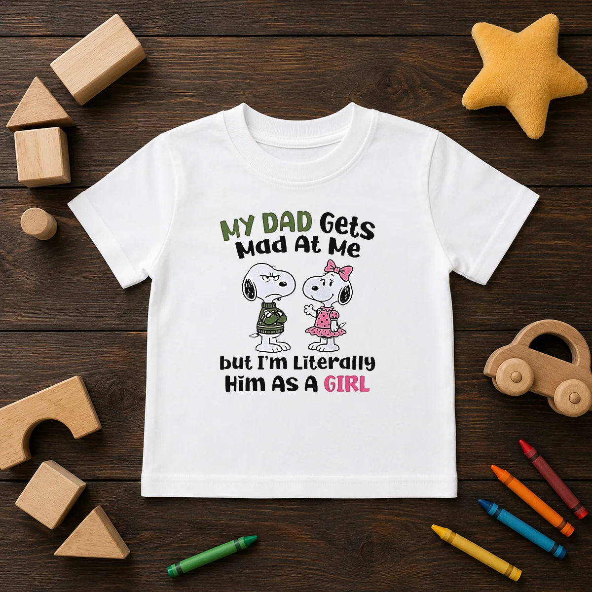 Good Snoopy My Dad Gets Mad At Me But I'M Literally Him As A Girl Kids T-Shirt