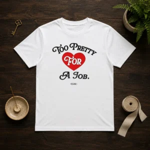 Good Too Pretty For A Job Daddy Text t shirt in classic crew neck style with bold black lettering on white fabric