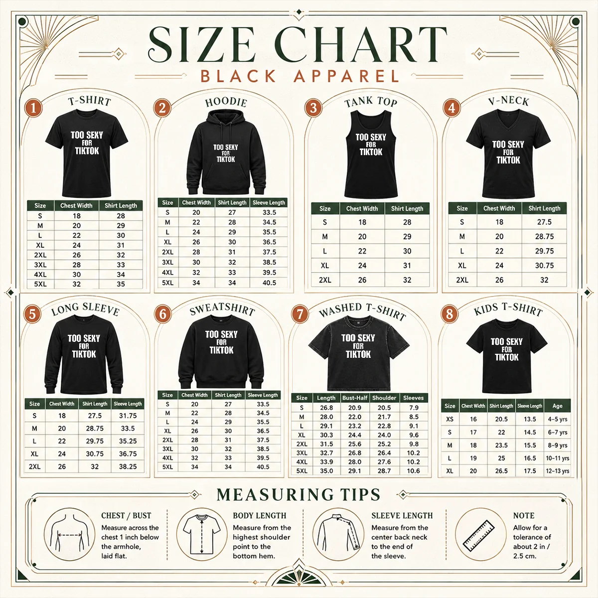 Good Too Sexy For Tiktok Size Chart Good Too Sexy For Tiktok size chart showing garment measurements in inches and cm for accurate sizing