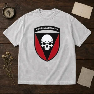 Good Ukraine Or Death Skull Emblem Military Tactical Washed T Shirt in faded black with skull graphic on chest