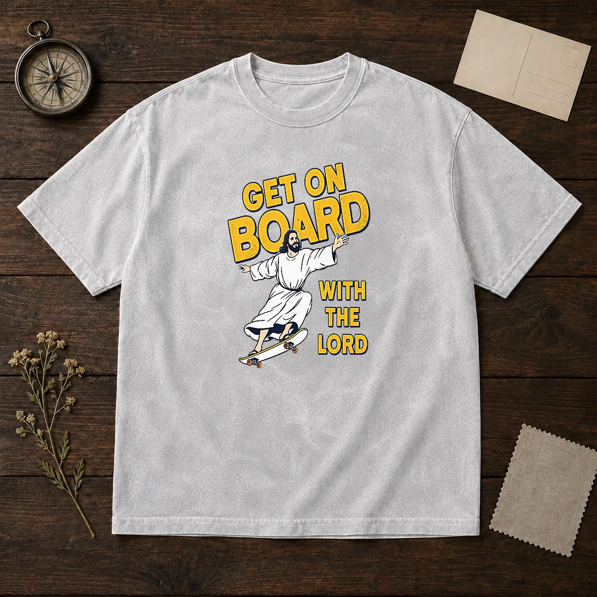 Hot Get On Board With The Lord Skateboarding washed t shirt in a soft faded color with short sleeves