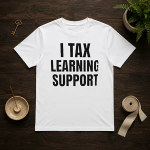 Hot I Tax Learning Support t shirt in black, short sleeve cotton tee with bold graphic text