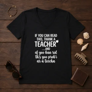 Hot If You Can Read This Thank A Teacher And Ef Yoo Kan Rid Ths Yoo Probi Ar A Teecha V Neck Shirt in black with white text