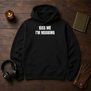 Hot Kiss Me I'M Mogging Looksmaxxing Meme hoodie in black with bold white text graphic on front