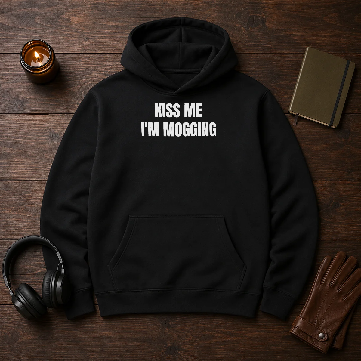 Hot Kiss Me I'M Mogging Looksmaxxing Meme hoodie in black with bold white text graphic on front