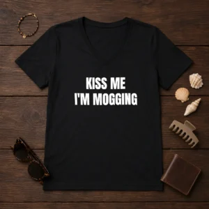 Hot Kiss Me I'M Mogging Looksmaxxing Meme V Neck Shirt in black with bold white text design