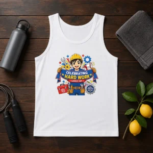 Hot Labour Day Celebration Anime For Proud Workers Tank Top showing front view of sleeveless cotton garment with vibrant anime design