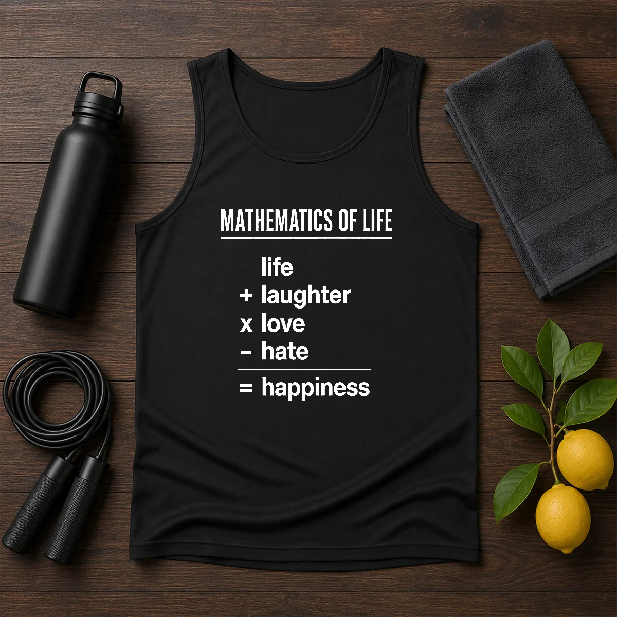 Hot Mathematics Of Life Tank Top in black showing front graphic design and sleeveless cut