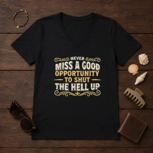 Hot Never Miss A Good Opportunity To Shut The Hell Up V Neck Shirt in black, featuring bold white text on front