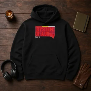 Hot System Of A Down Berlin Germany Olympiastadion On July 8 2026 Down Text Hoodie in black with bold red and white text design