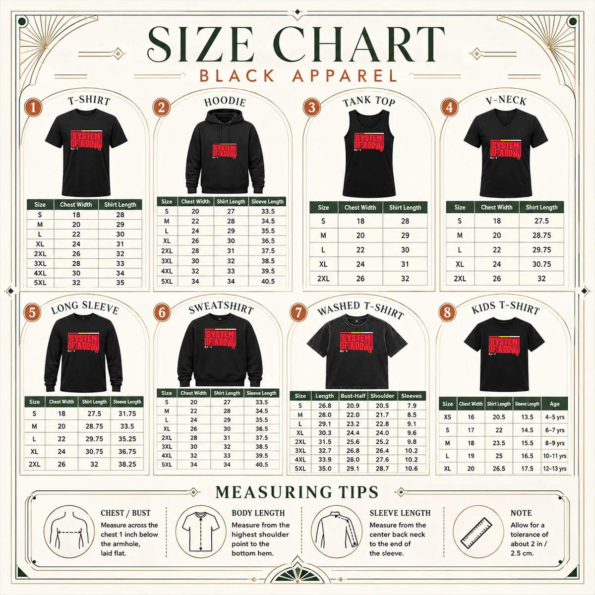 Hot System Of A Down Berlin Germany Olympiastadion On July 8 2026 Down Text Size Chart Size chart for Hot System Of A Down Berlin Germany Olympiastadion On July 8 2026 Down Text with measurements in inches and cm