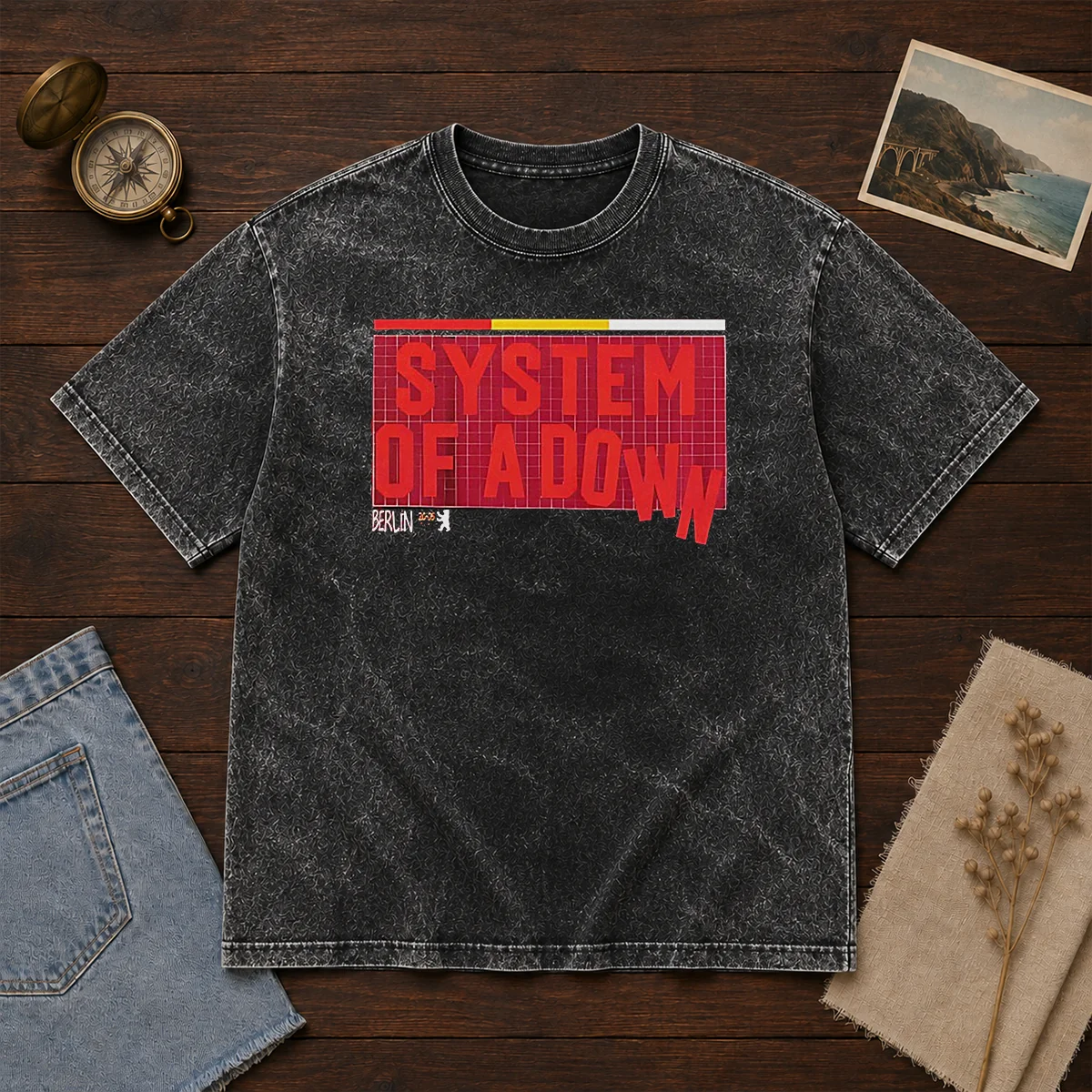 Hot System Of A Down Berlin Germany Olympiastadion On July 8 2026 Down Text Washed T Shirt in faded black color