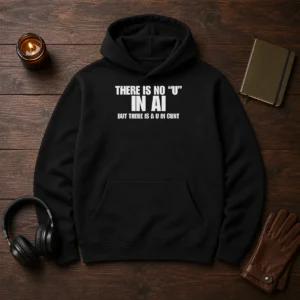 Hot There Is No U In AI But There Is A U In Cunt printed on a black pullover hoodie with front pocket and drawstrings