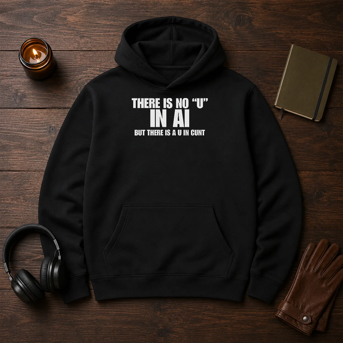 Hot There Is No U In AI But There Is A U In Cunt printed on a black pullover hoodie with front pocket and drawstrings