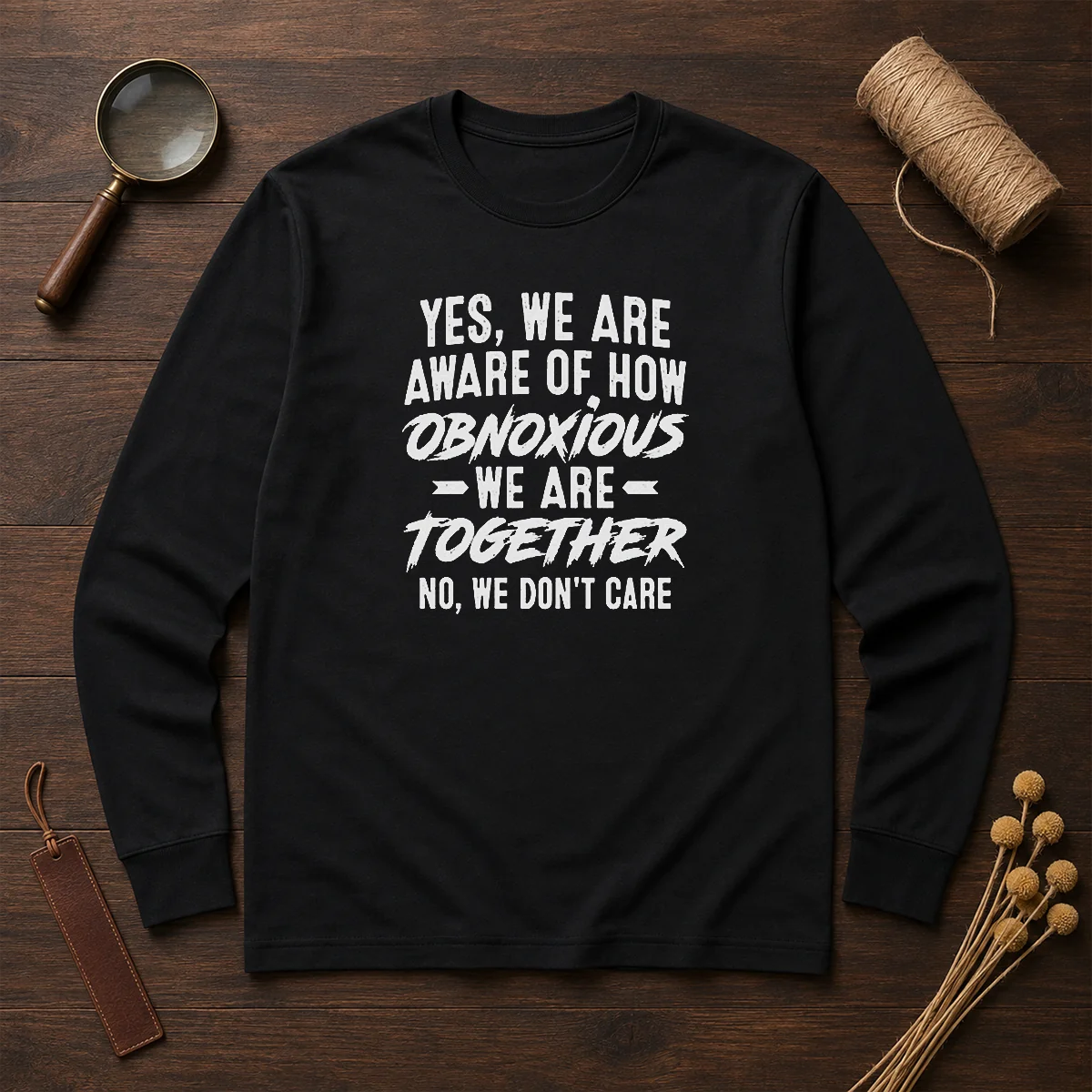 Hot Yes We Are Aware Of How Obnoxious We Are Together No We Dont Care long sleeve shirt in black, front view