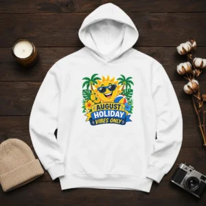 Nice August Holiday Vibes Sun Vector Hoodie in soft cotton fabric with front pocket and adjustable hood
