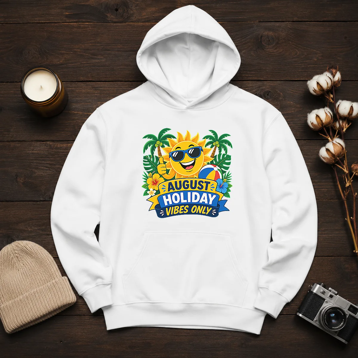 Nice August Holiday Vibes Sun Vector Hoodie in soft cotton fabric with front pocket and adjustable hood