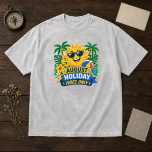 Nice August Holiday Vibes Sun Vector printed on a soft washed t shirt in light color