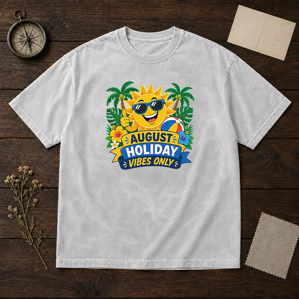 Nice August Holiday Vibes Sun Vector printed on a soft washed t shirt in light color