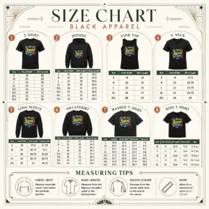Size chart for Nice Back To School Group Cartoon For Kids with measurements in inches and cm