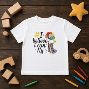 Nice I Believe I Can Fly Cat Balloons Kids T Shirt featuring colorful cat balloon graphics on a soft cotton fabric