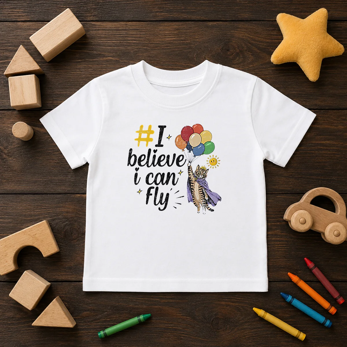 Nice I Believe I Can Fly Cat Balloons Kids T Shirt featuring colorful cat balloon graphics on a soft cotton fabric