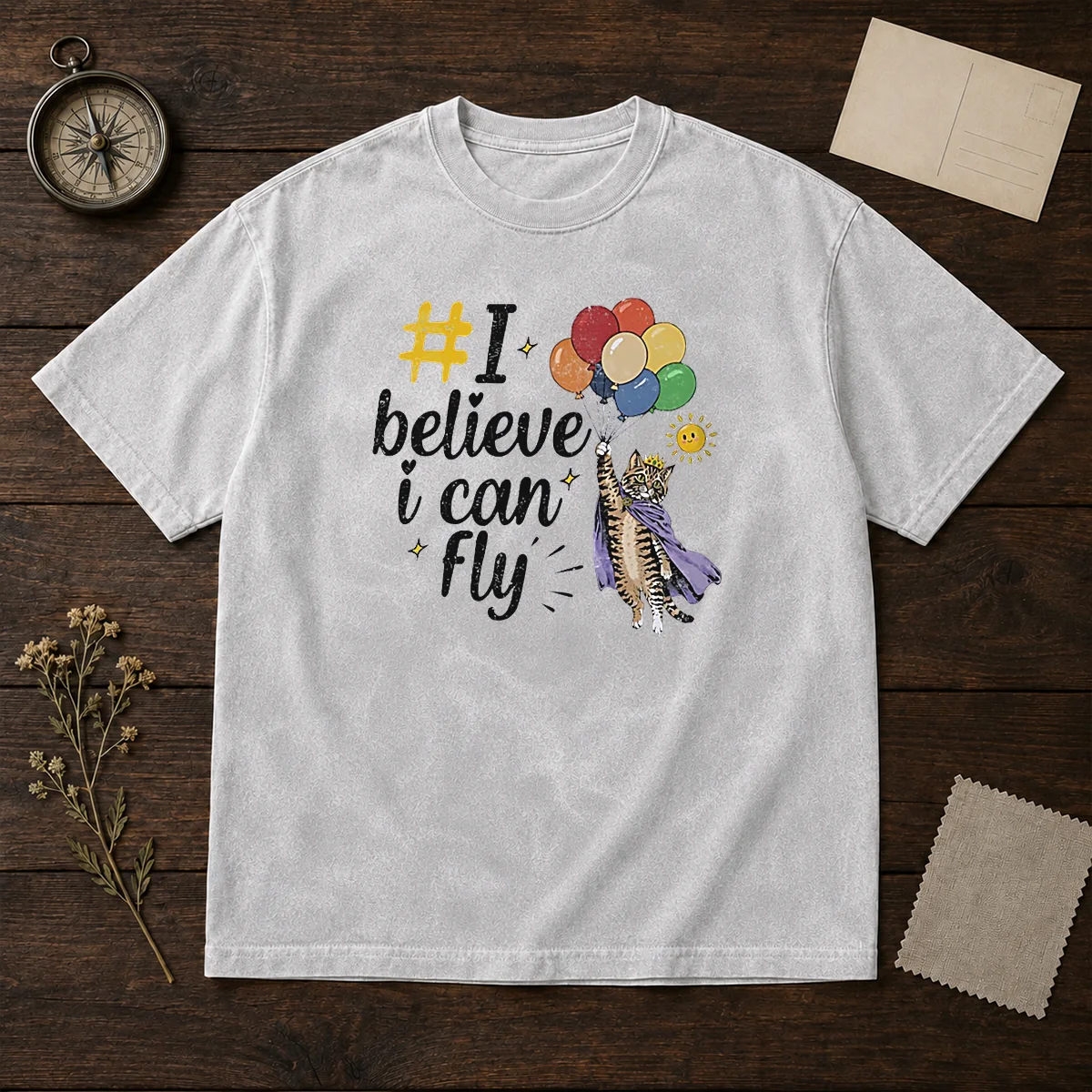 Nice I Believe I Can Fly Cat Balloons Washed T Shirt featuring colorful cat and balloon graphic on soft washed fabric