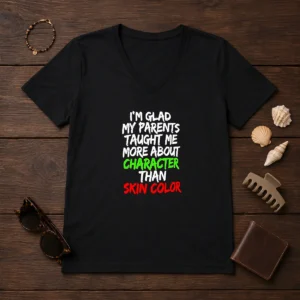 Nice I'M Glad My Parents Taught Me More About Character Than Skin Color V Neck Shirt in charcoal gray, soft fabric, short sleeves