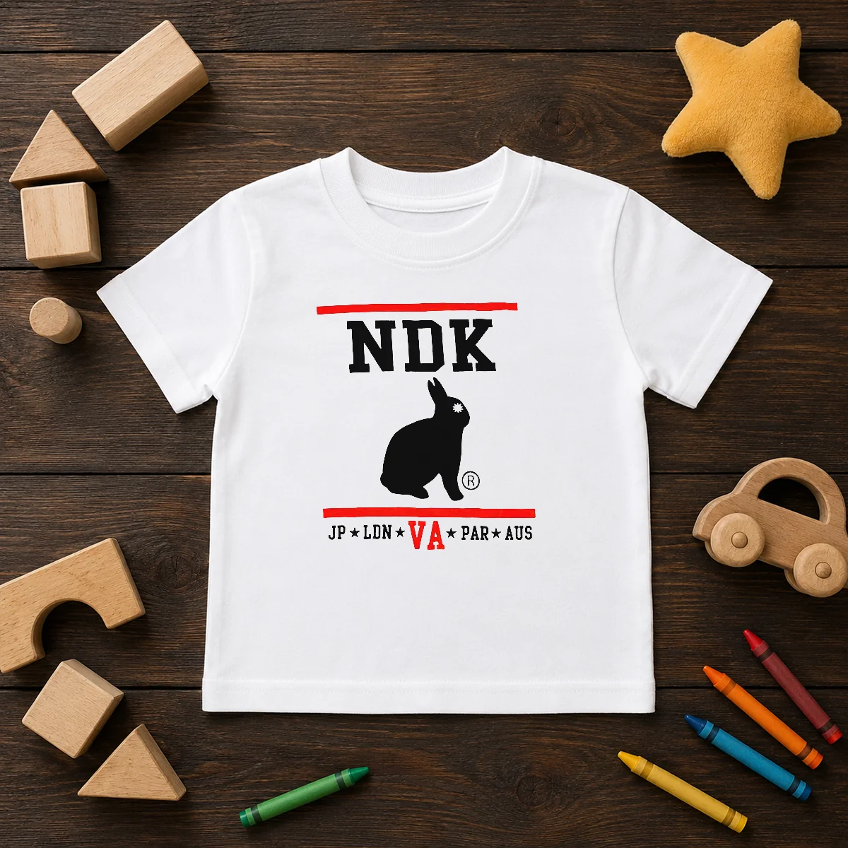 Nice NDK JP LDN VA PAR AUS Kids T Shirt in bright colors, short-sleeve cotton tee for children